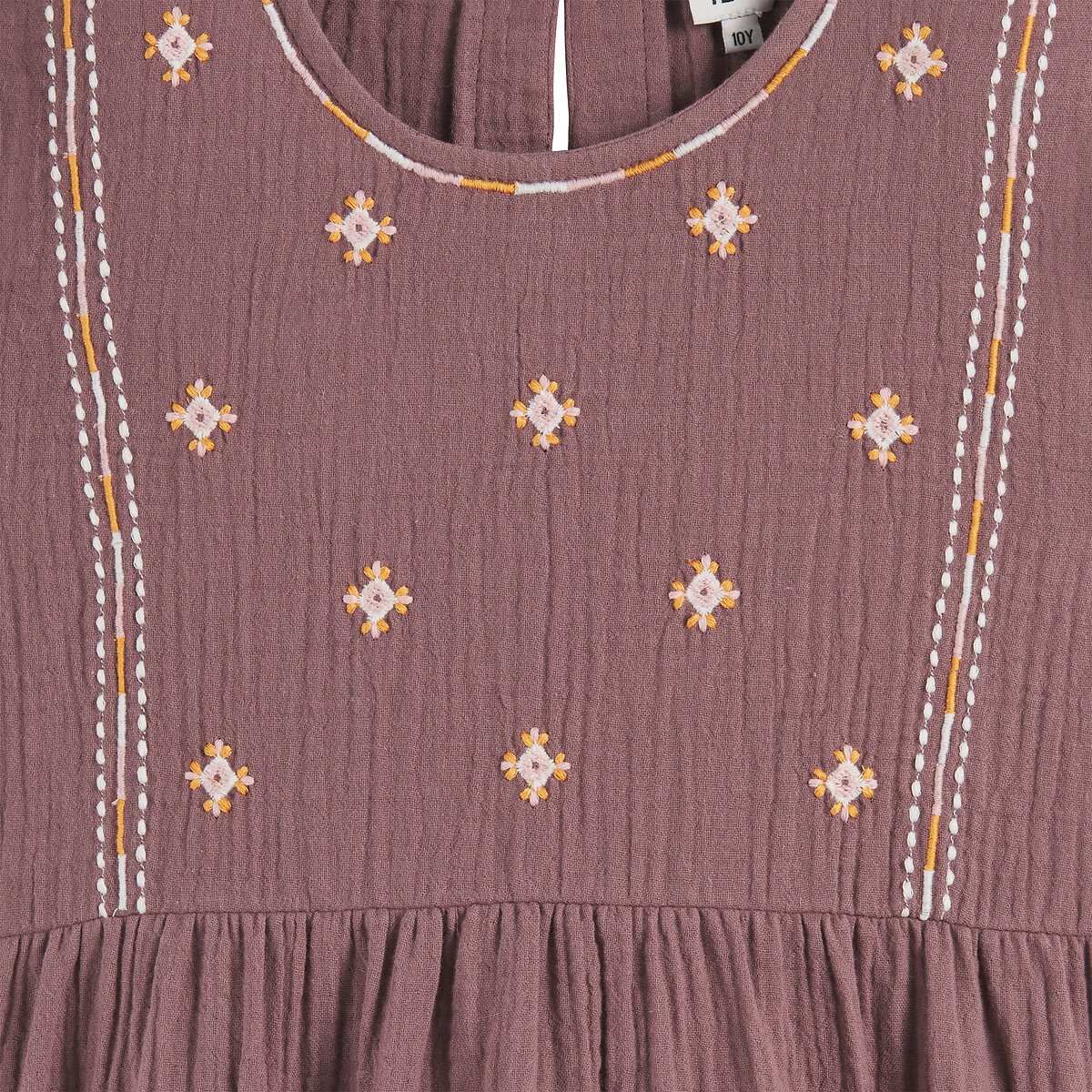 Jurk van katoengaas met borduursel en ruches taupe roze, LA REDOUTE COLLECTIONS