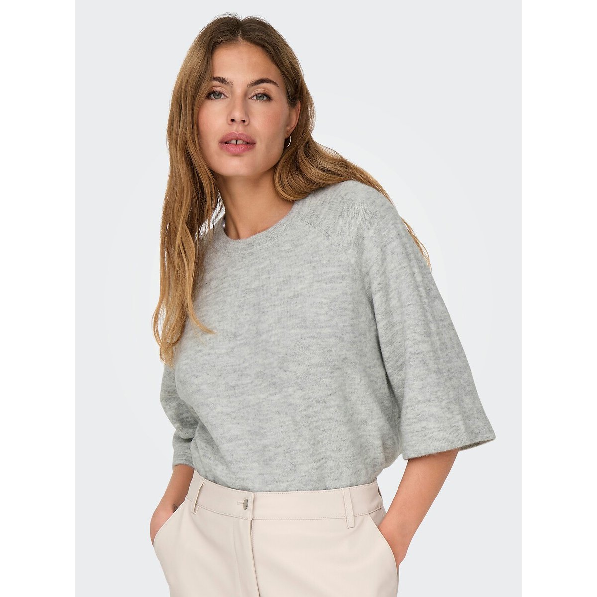 Pull manches 3/4 col rond gris clair, ONLY