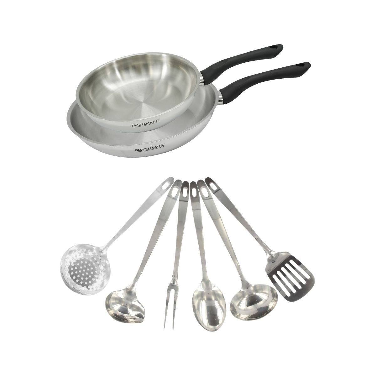 Set 2 poêles 24 et en inox et 6 ustensiles inox GENEVA inox|noir, FACKELMANN