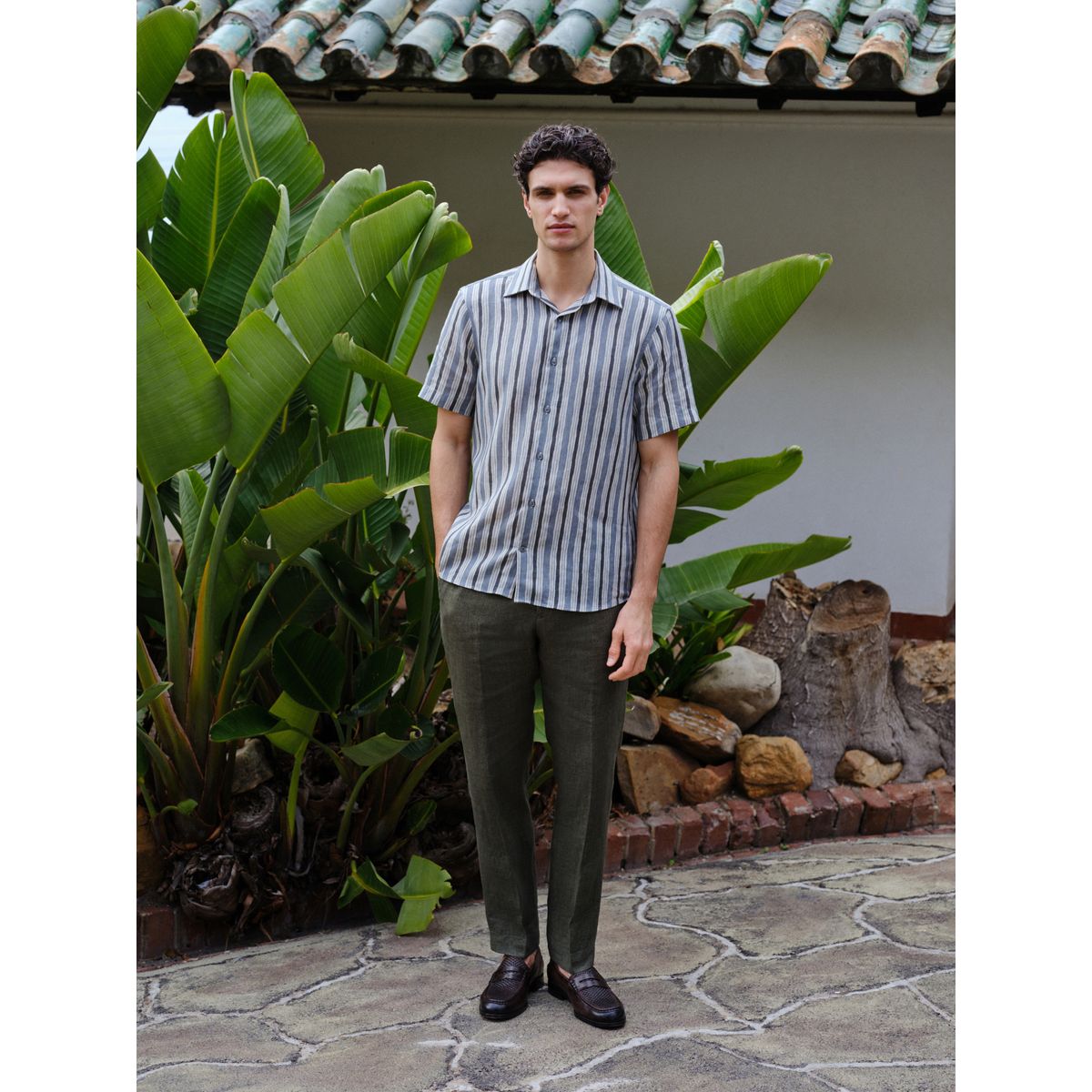 Chemise manches courtes lin à rayures signature bleu, NEXT