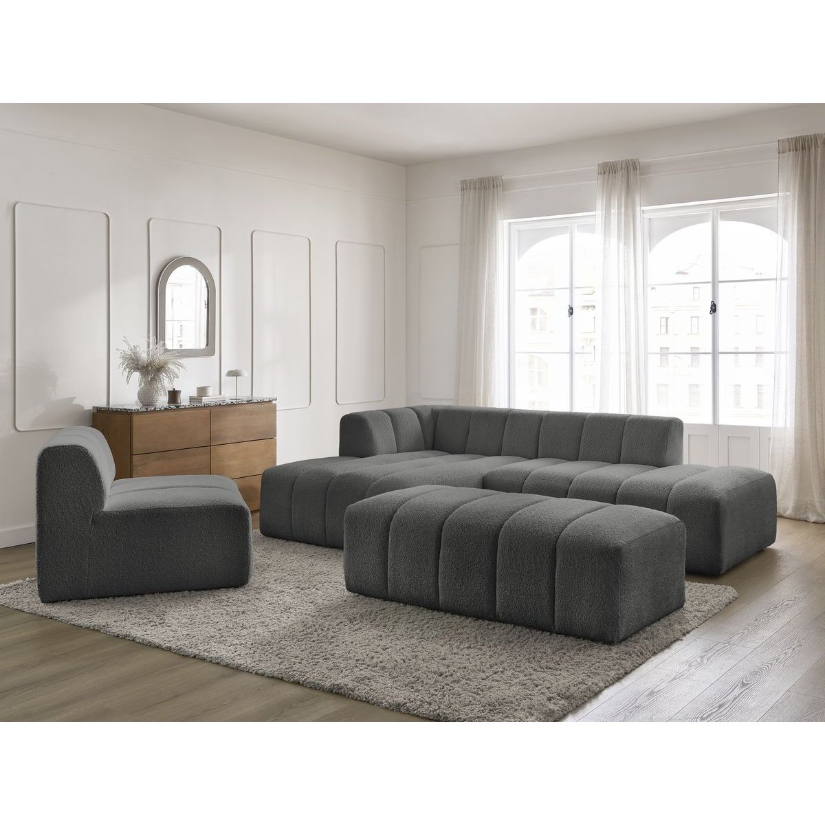 Canapé modulable 5 places en tissu bouclette, ANNECY gris foncé, BOBOCHIC