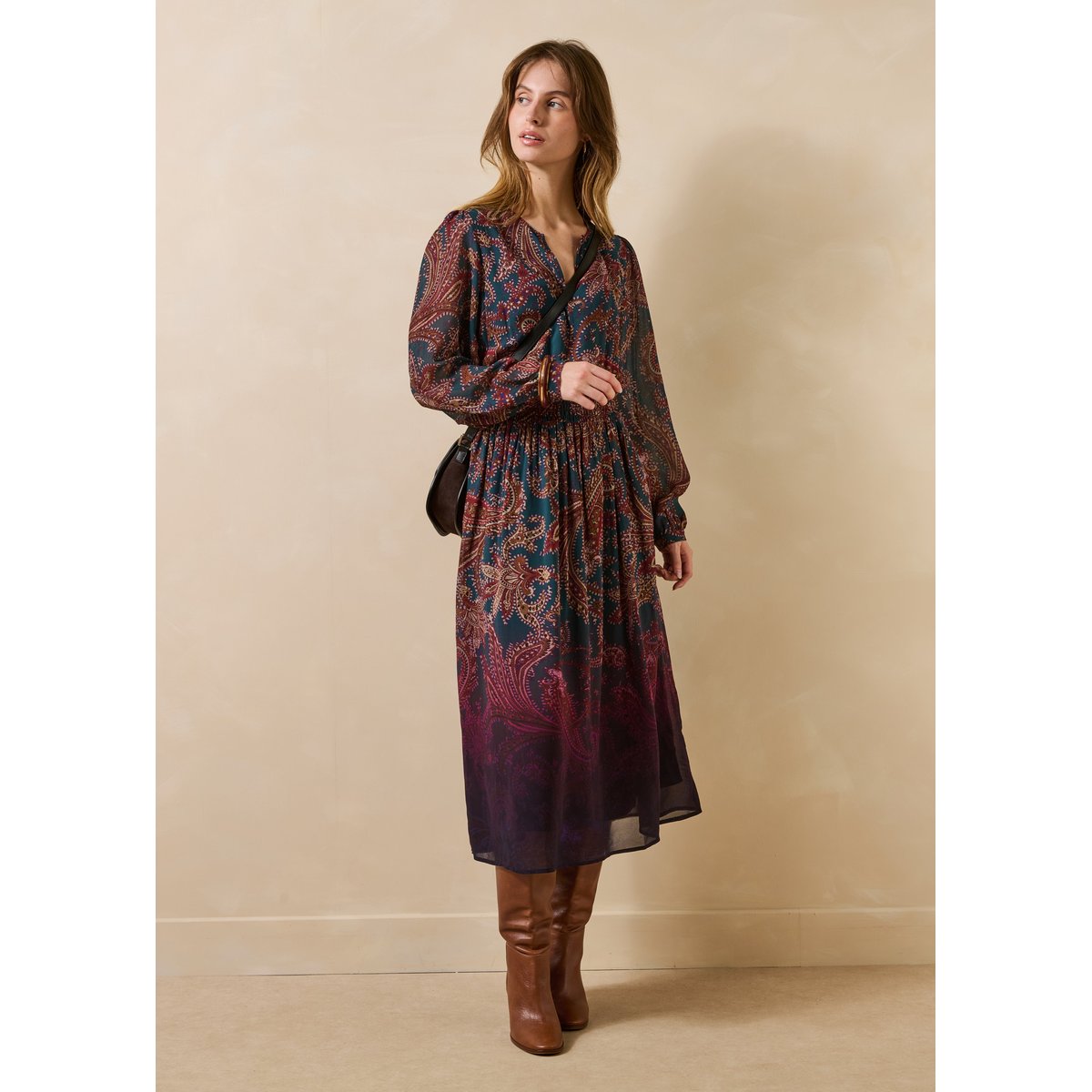 Robe longue à imprimé manches longues petrole, LA FEE MARABOUTEE