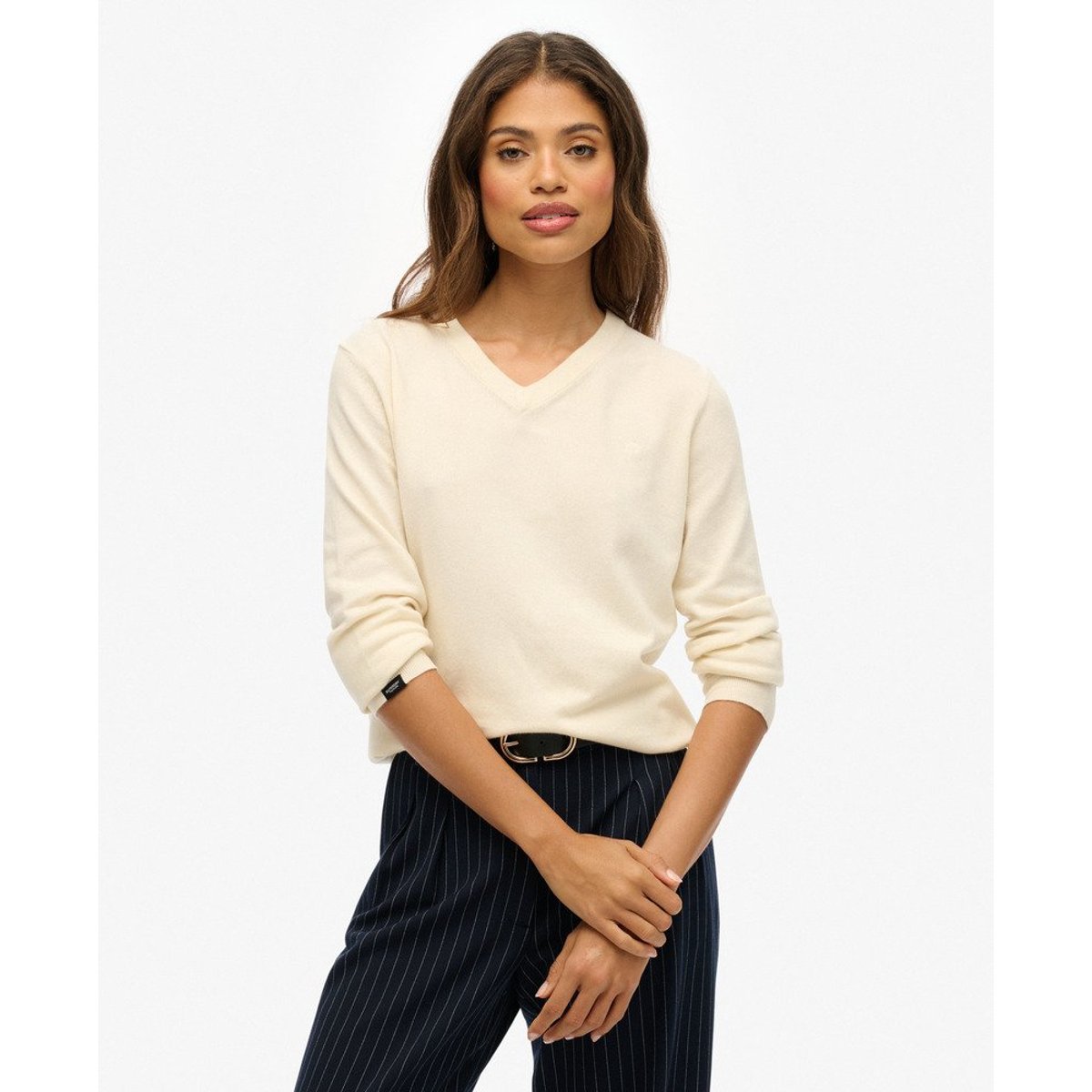 Pull à col en V classique crème chiné, SUPERDRY