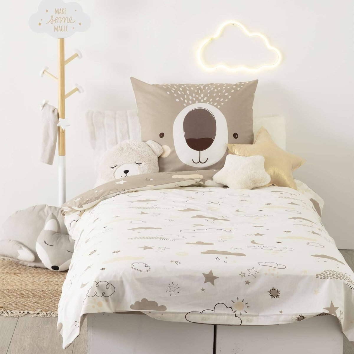 Parure de lit enfant 100% coton réversible OURSON marron, ATMOSPHERA