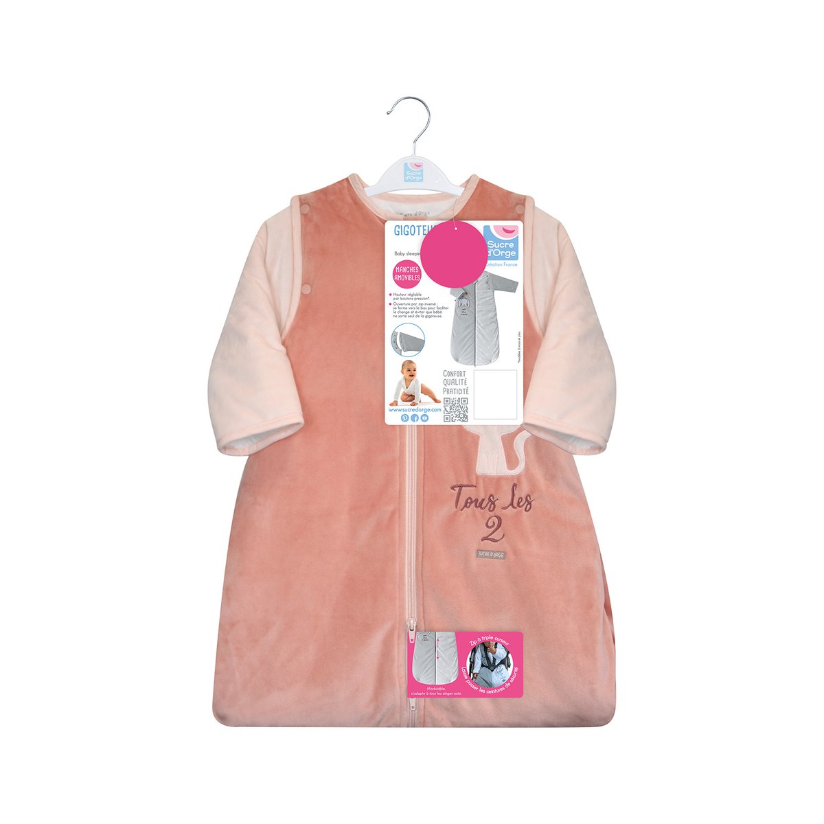 Gigoteuse 6/36m maelia velours doux manches amovibles securite auto rose, SUCRE D'ORGE