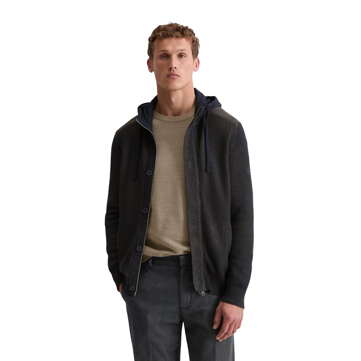 Cardigan à capuche regular en coton bio bleu foncé, MARC O'POLO