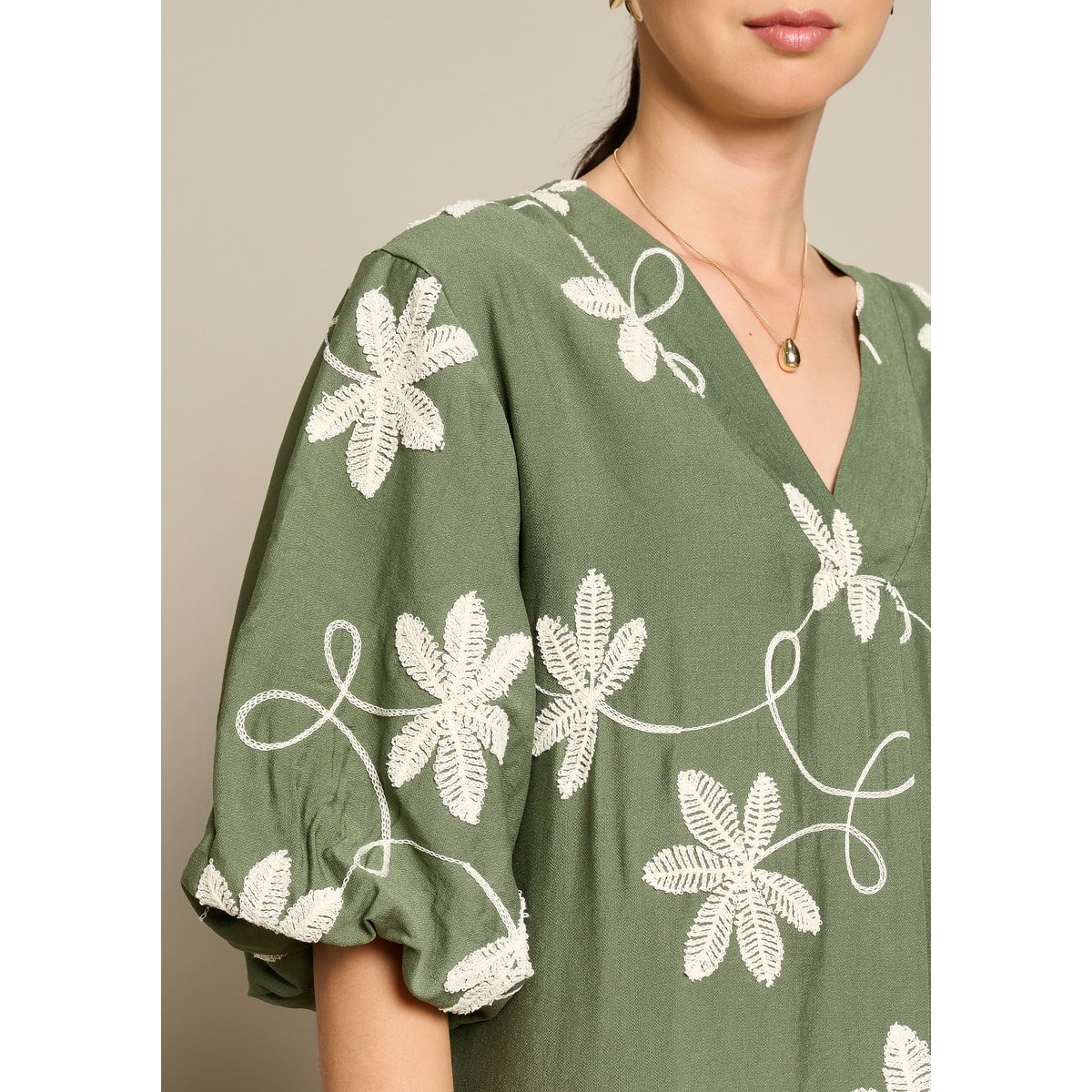 Robe caftan brodée khaki, LOLALIZA