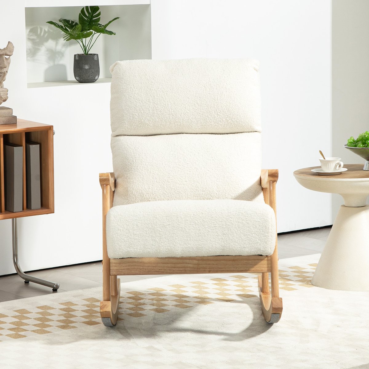 Fauteuil à bascule Tissu en velours teddy crème, HOMCOM