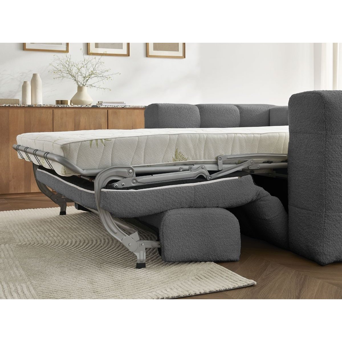 Canapé droit convertible 3 places en tissu bouclette, CLOUD gris foncé, BOBOCHIC