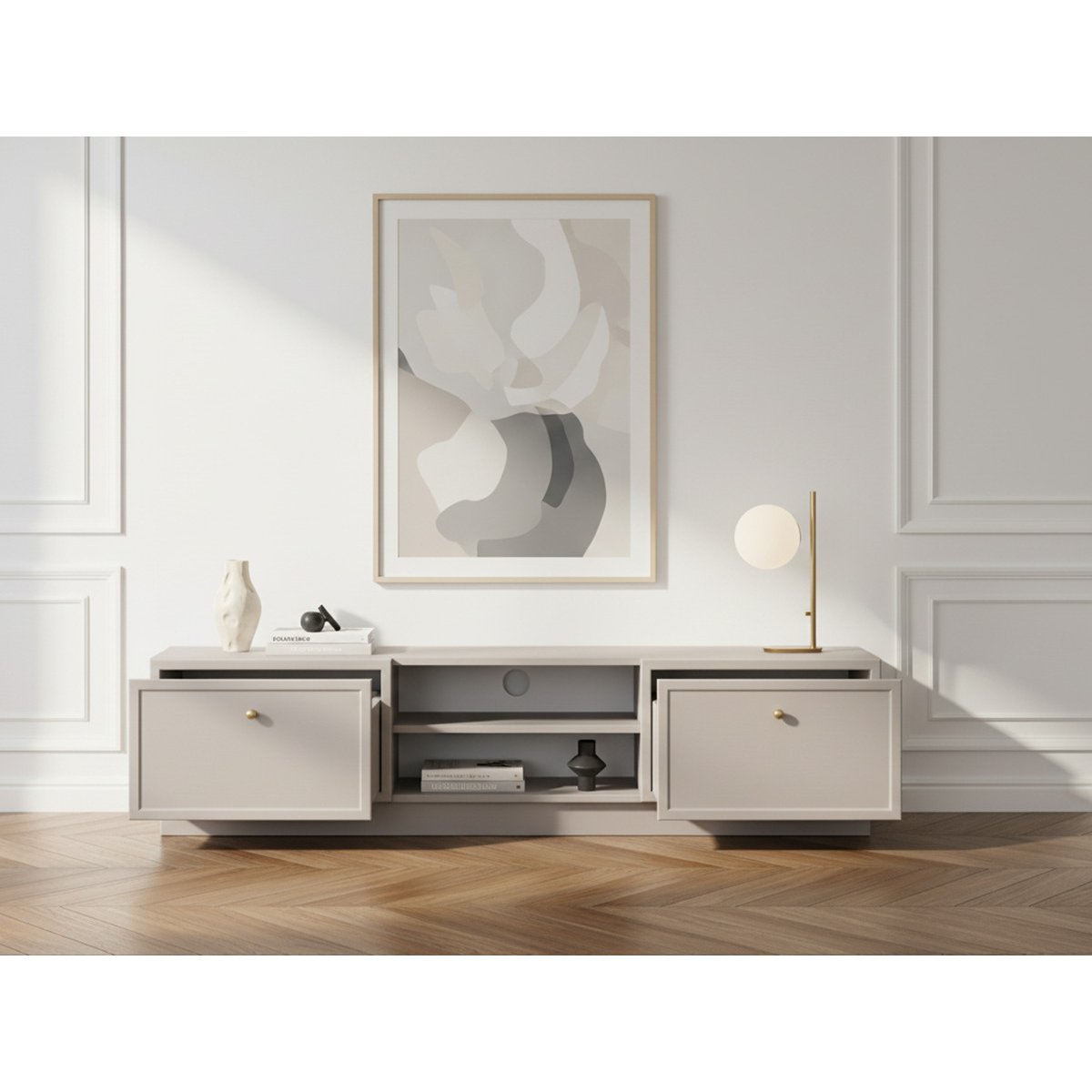 Meuble TV 150 cm panneaux de particules, LORINA beige, BOBOCHIC