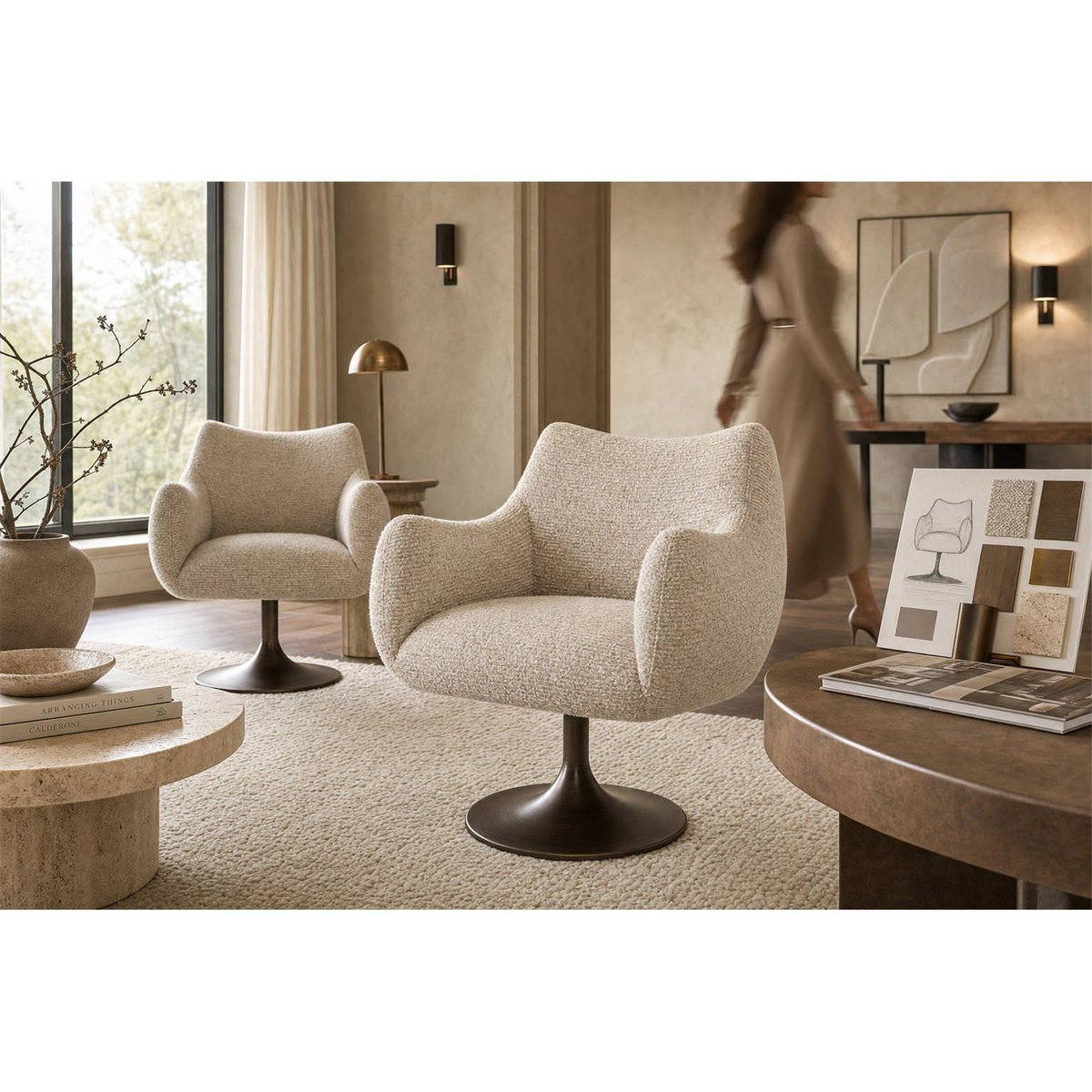 Chaise salle à manger pivotante en métal beige naturel et bronze, RECOLLECTION