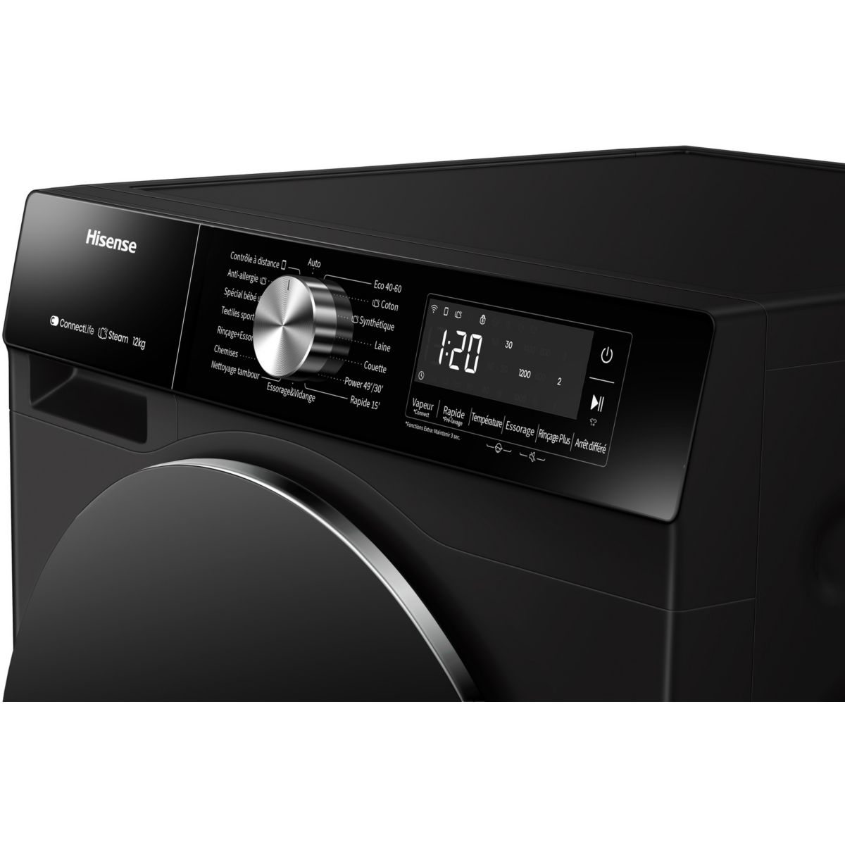 Lave linge hublot WF3S1243BB2 - 12 kg - 1400 tr/min - Classe A - Moteur induction - Connecté wifi - Noir couleur unique, HISENSE