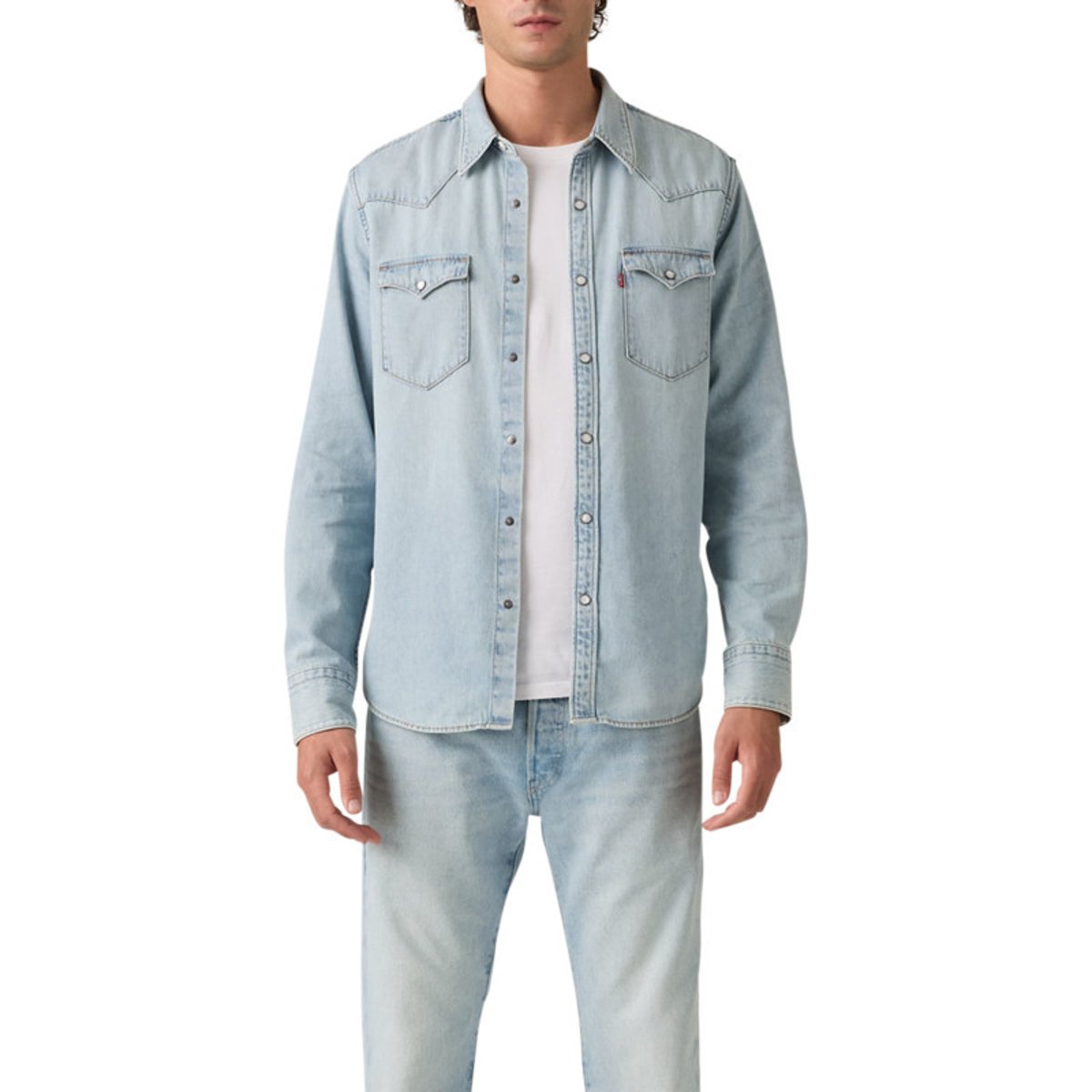 Chemise en coton stone à coupe droite pourvue d'un col à revers bleu clair, LEVI'S