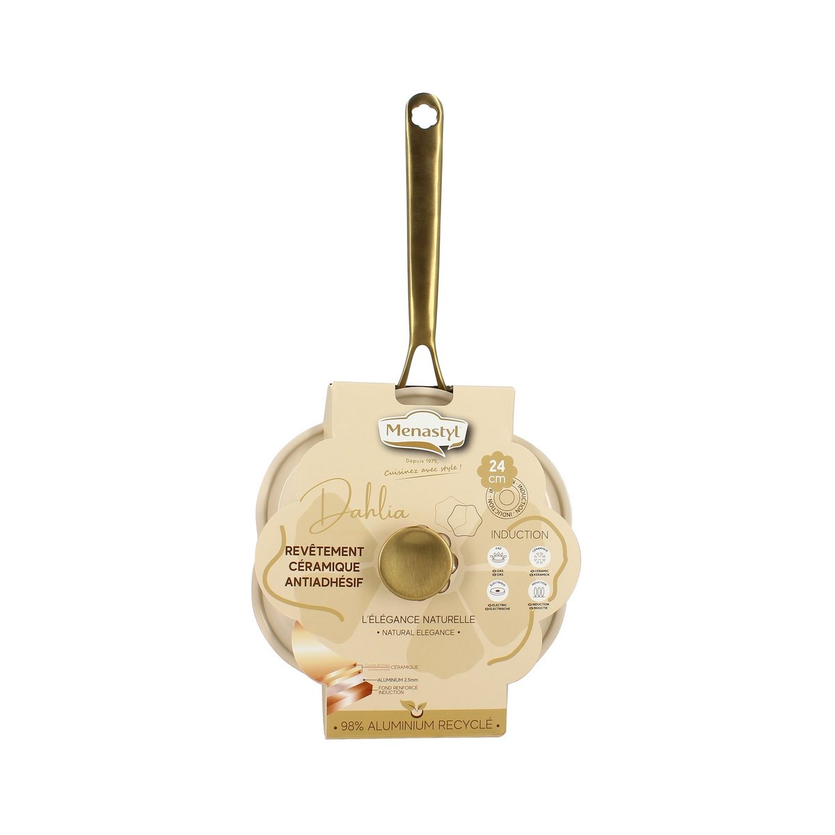 Sauteuse en aluminium recyclé 24cm, DAHLIA beige-or, MENASTYL