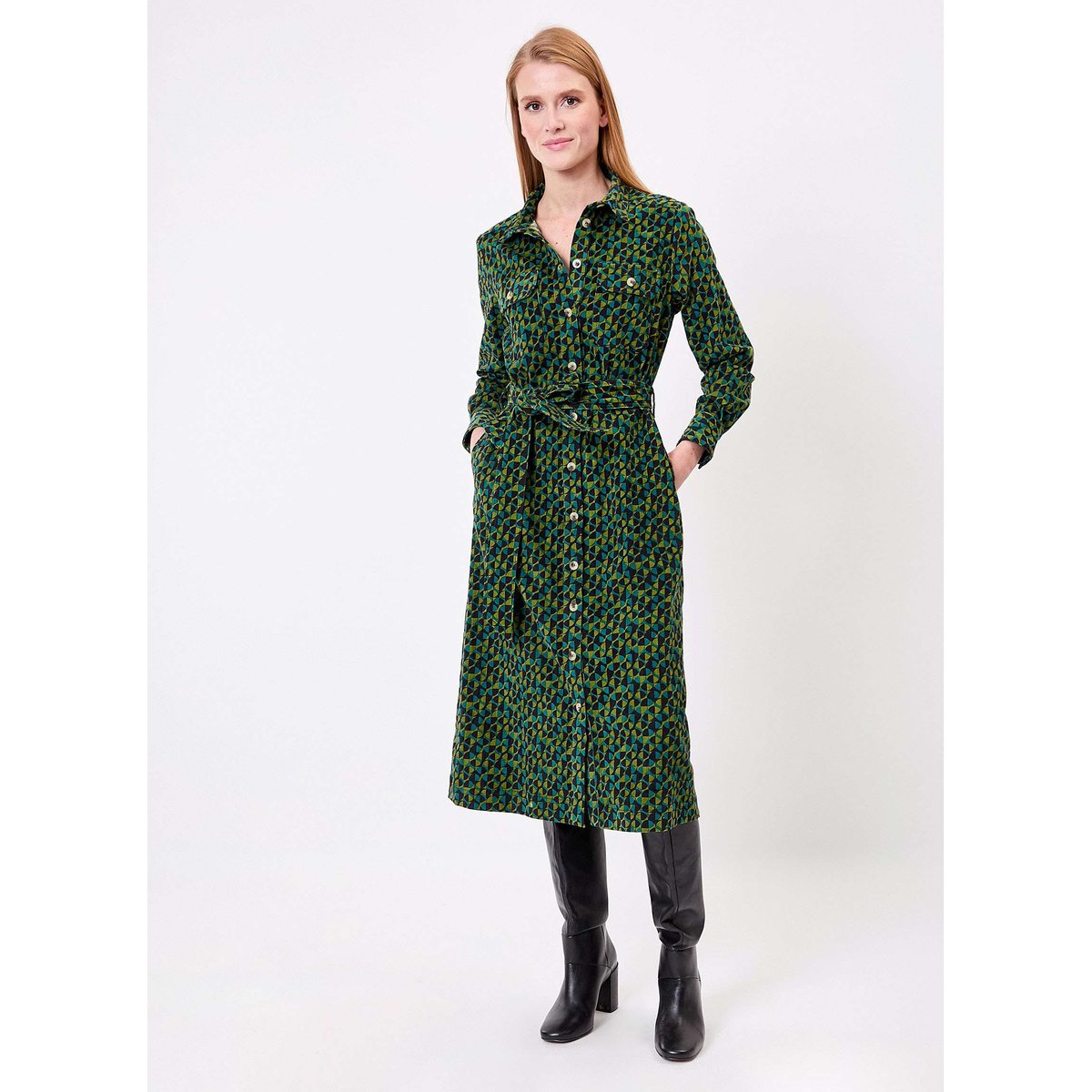 Robe midi chemisier velours côtelé LOUISON vert forêt, PRINCESSE NOMADE
