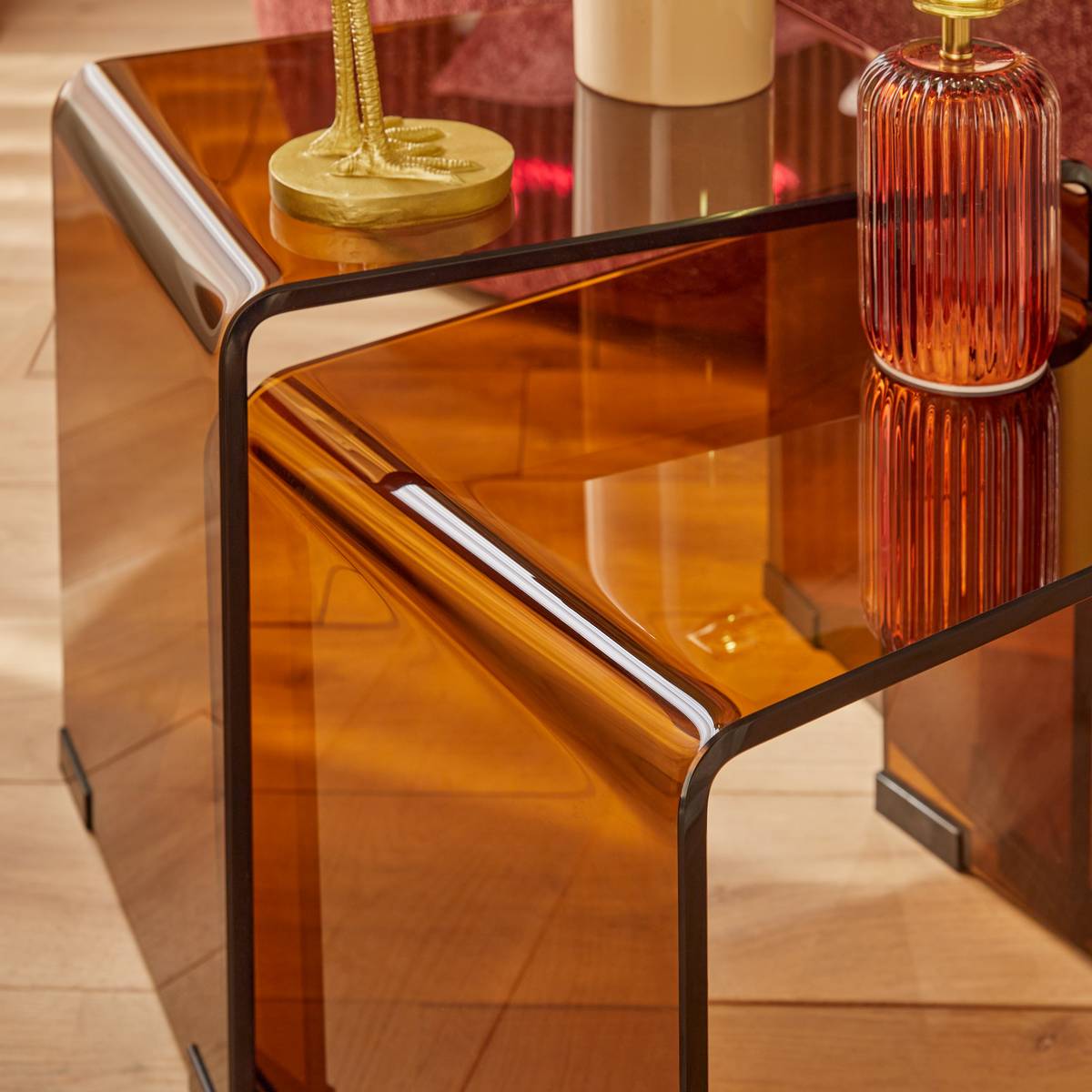 Lot de 2 tables gigognes rectangulaires en verre trempé LENIA ambre, ATMOSPHERA