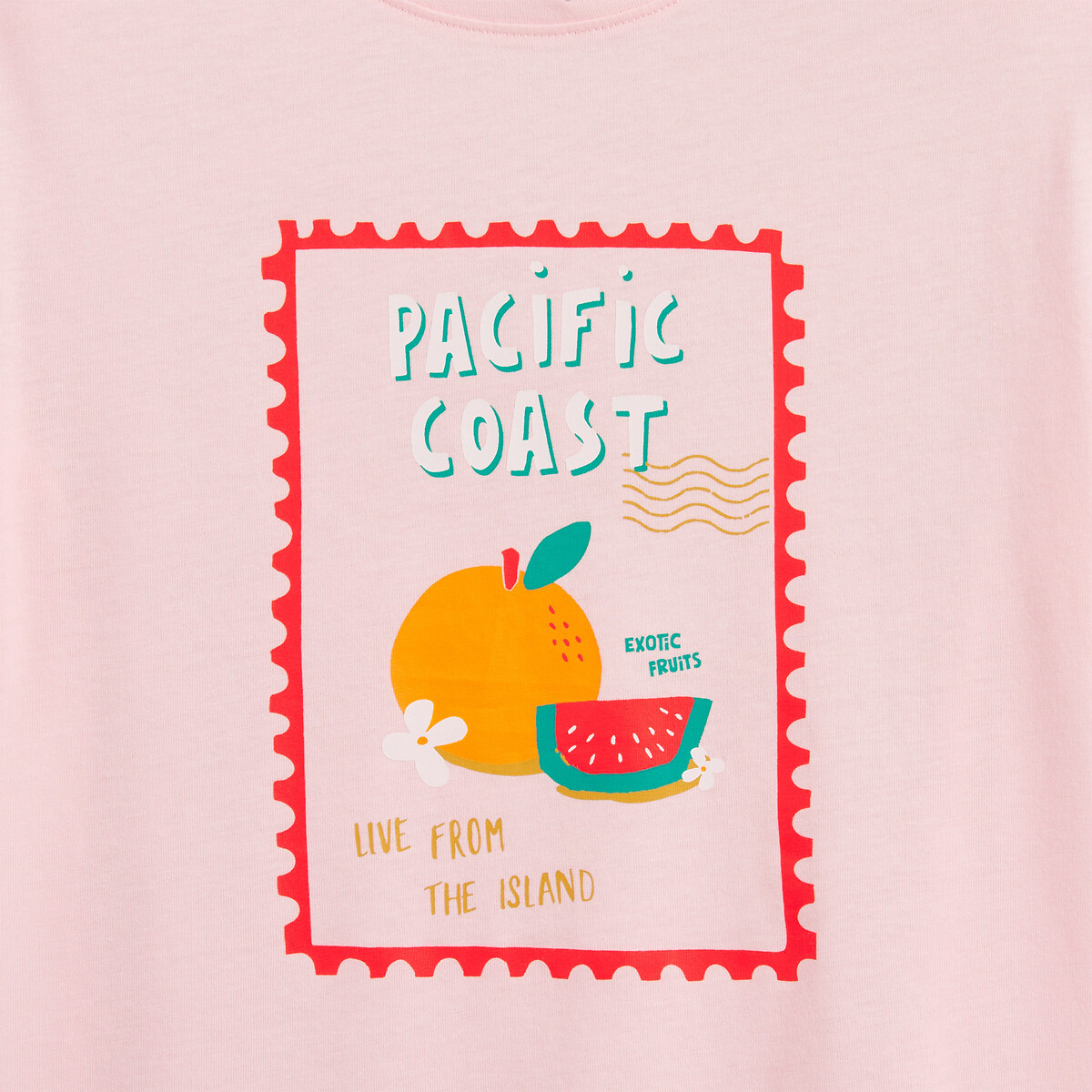 T-shirt col rond, à manches courtes, motif fruits avec message imprimé devant rose, LA REDOUTE COLLECTIONS