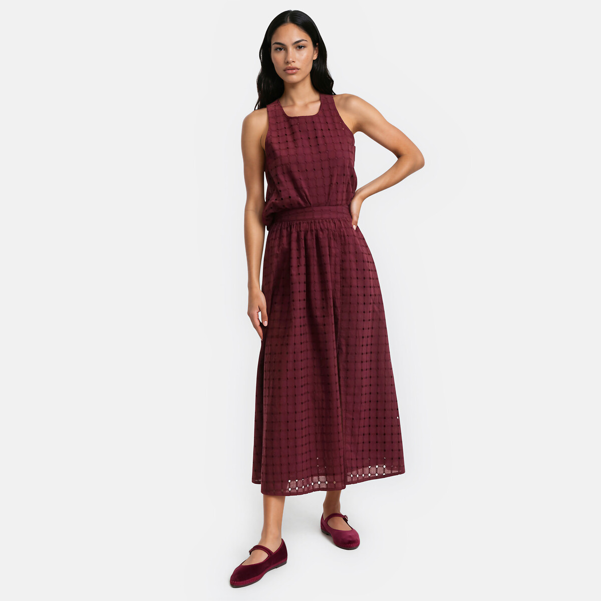 Jupe midi évasée en broderie anglaise marron, LA REDOUTE COLLECTIONS