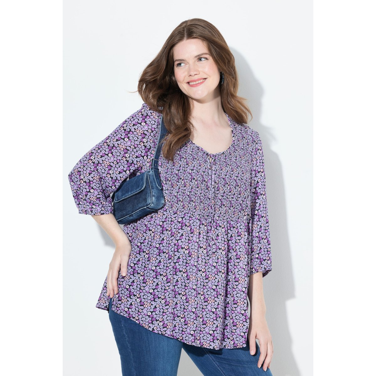 Blouse smockée, motif à fleurs lavande, ULLA POPKEN
