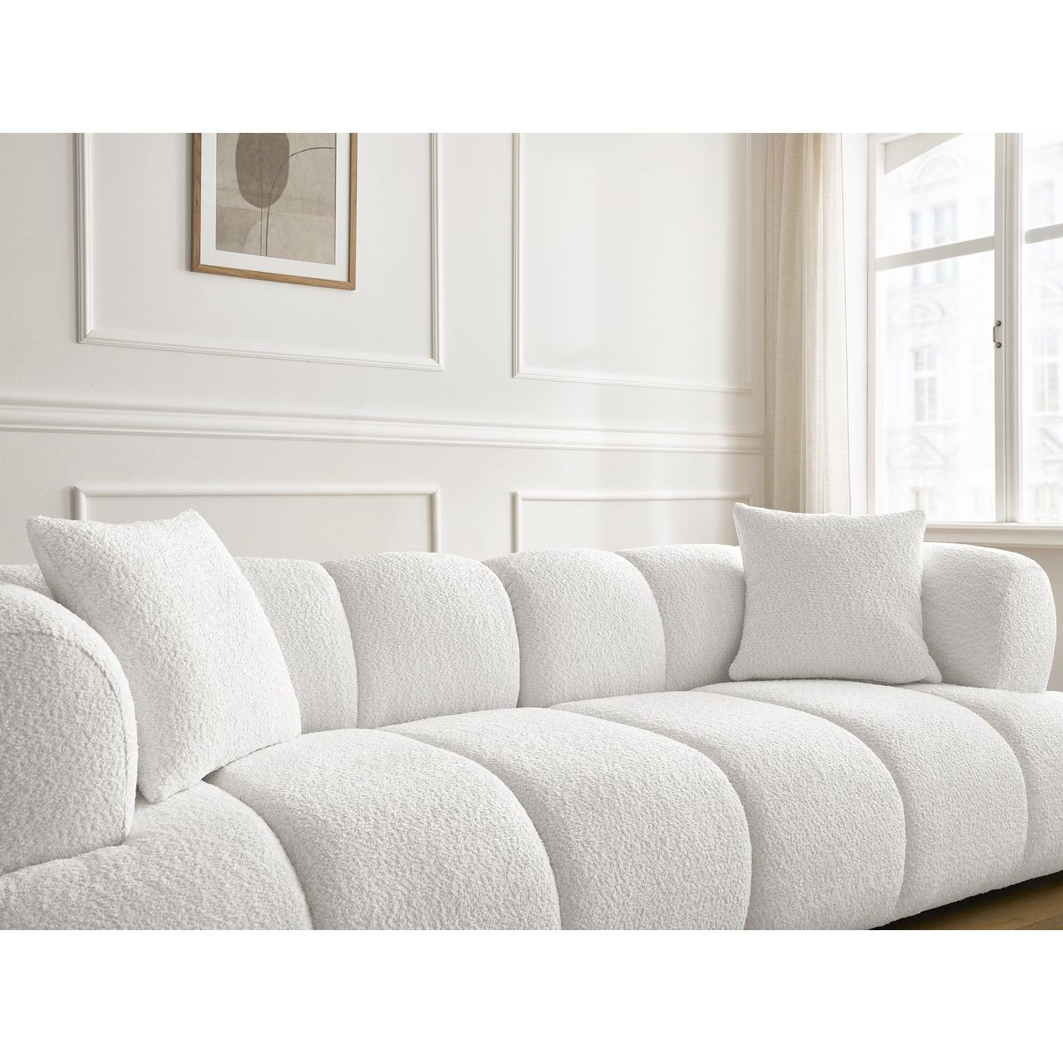 Canapé droit fixe 3 places en tissu bouclette avec pouf, PAMIRA blanc, BOBOCHIC