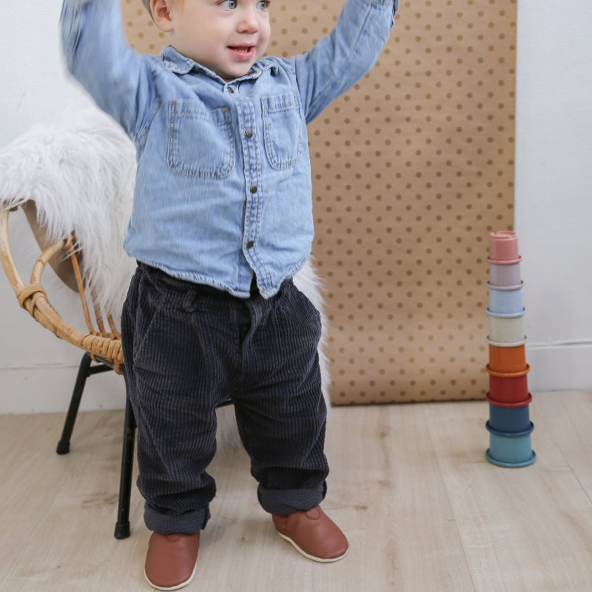 Chaussons cuir souple uni fourrés marron, TICHOUPS