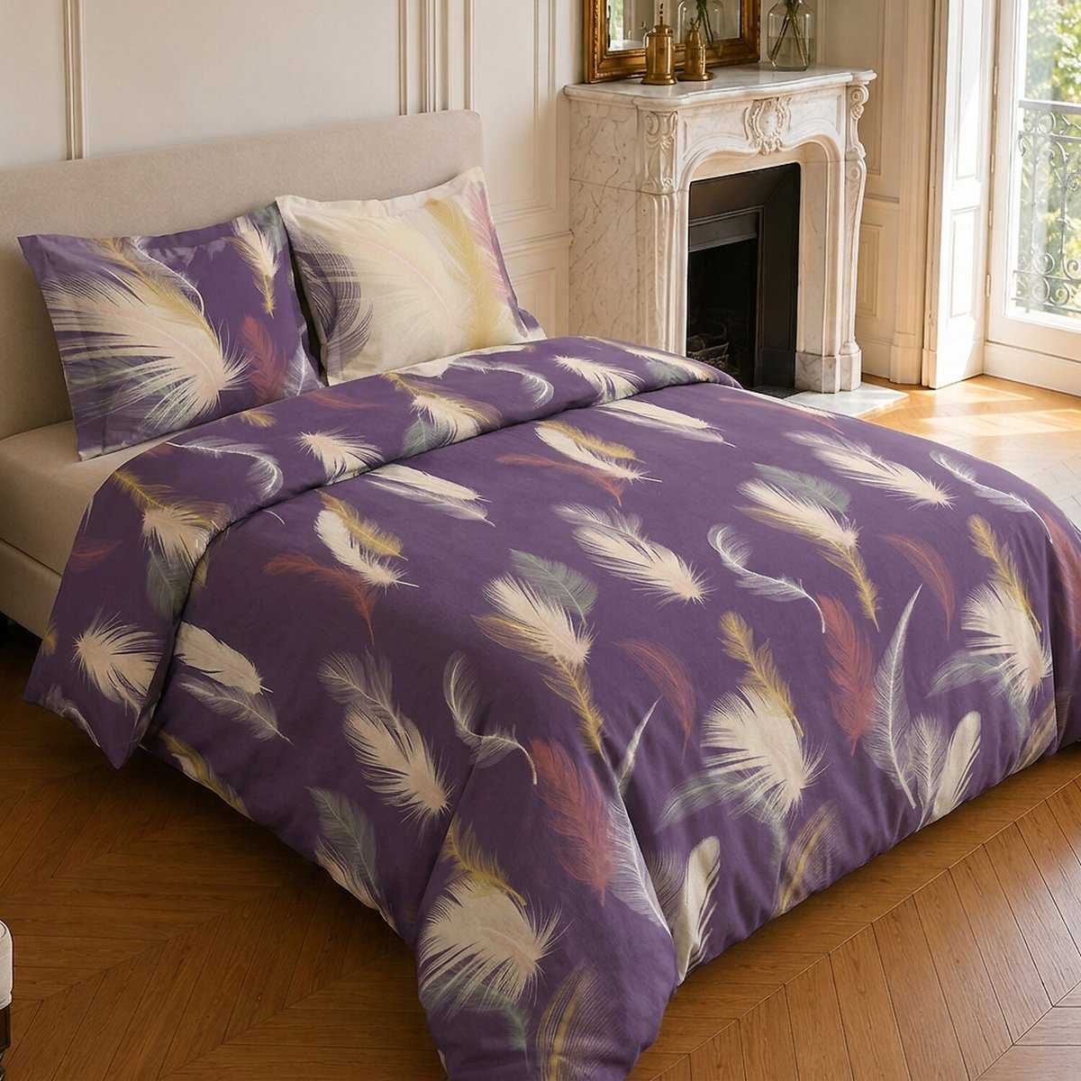 Parure de lit en coton motif tropical, WINTER aubergine, C DESIGN HOME TEXTILE