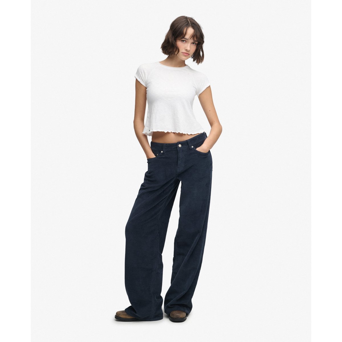 Pantalon en Velours Côtelé Large Taille Moyenne bleu marine éclipse, SUPERDRY