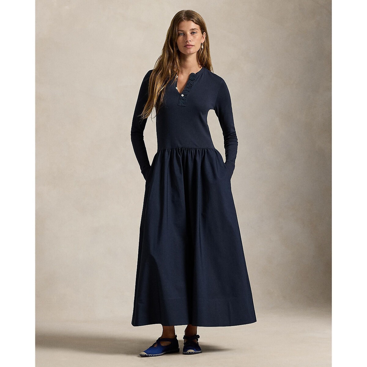 Robe longue évasée à manches longues marine, POLO RALPH LAUREN