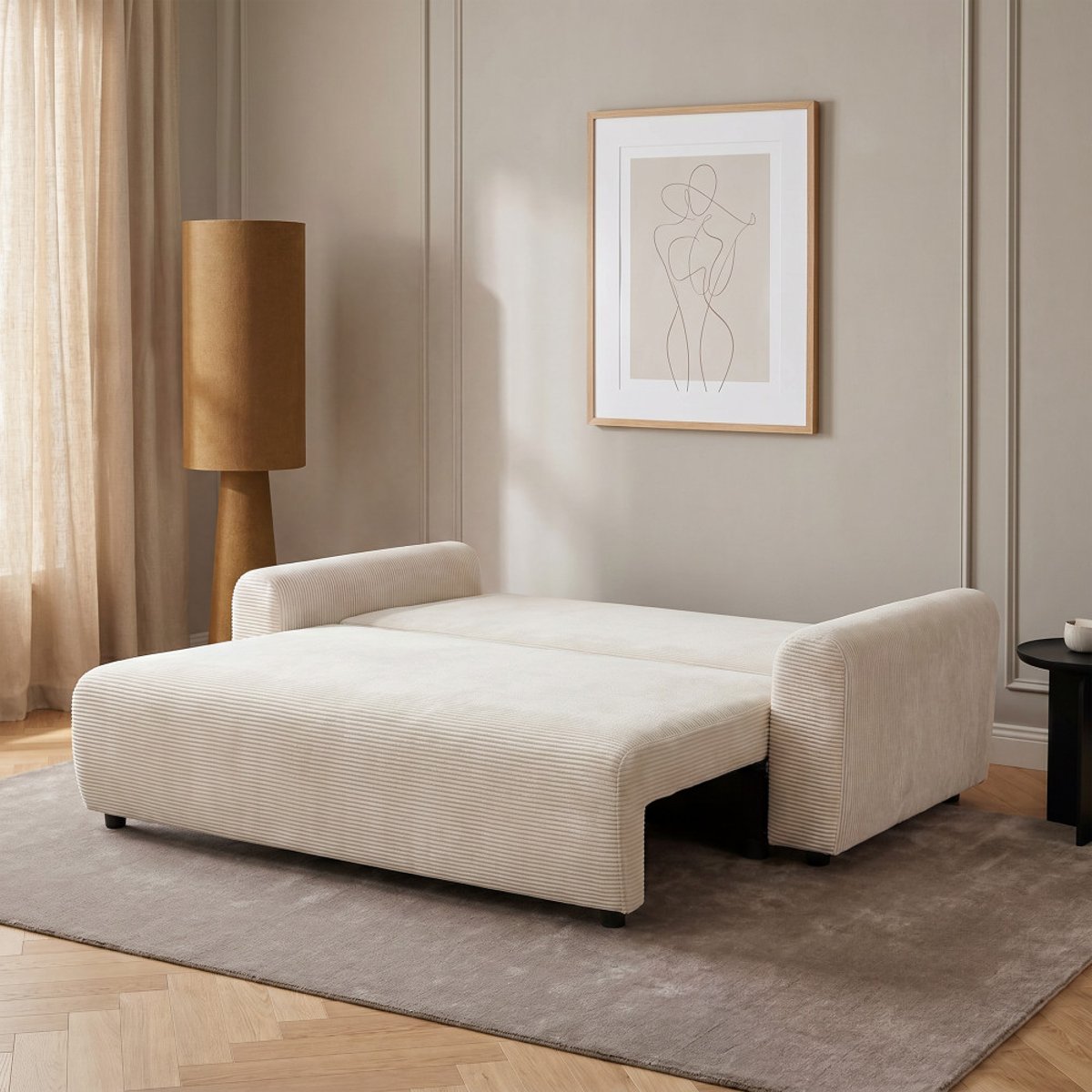 Canapé convertible 3 places en velours côtelé- POL beige, DRAWER