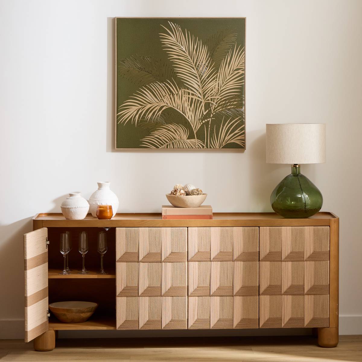 Buffet rectangulaire avec portes en manguier NETSI beige, ATMOSPHERA
