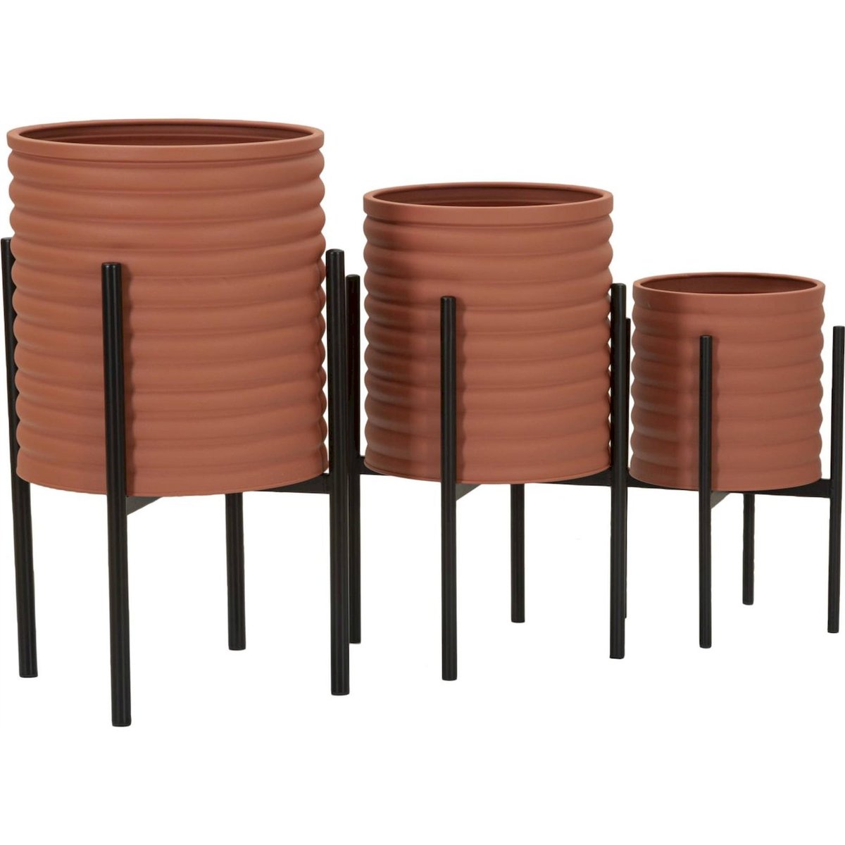 Cache-pots sur pieds en fer strié lot de 3 rouge brique et noir, RECOLLECTION