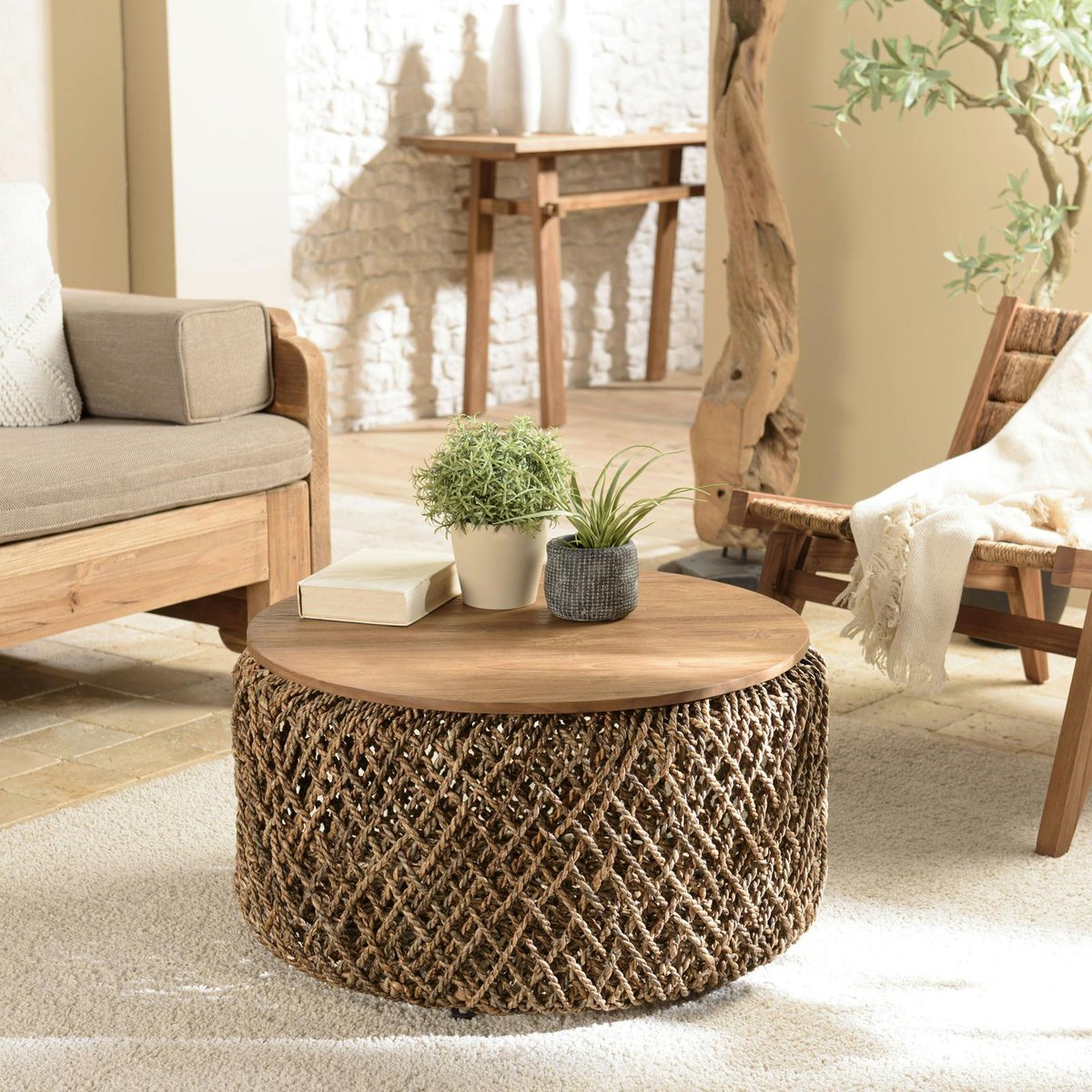 Table basse ronde 70 cm fibre tressée et bois SWING bois naturel, PIER IMPORT