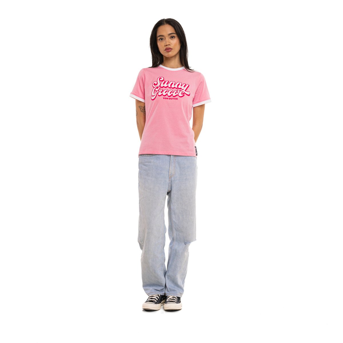 Tee Shirt en coton GROOVY rose/blanc, VON DUTCH