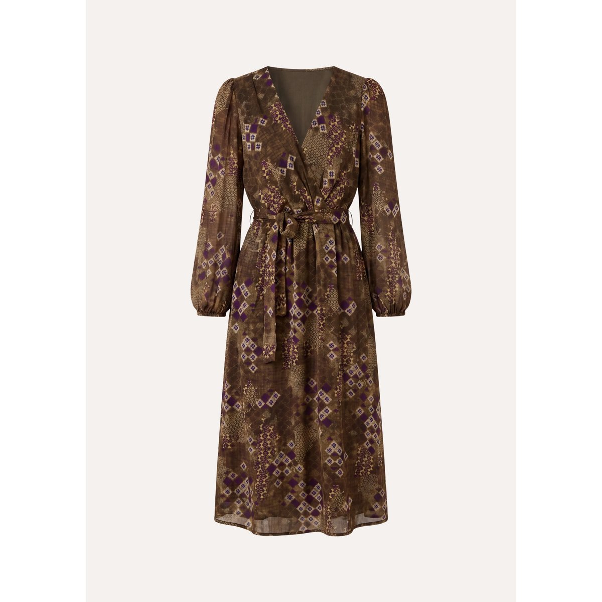Robe longue cache-cœur imprimé manches longues olive/cassis, LA FEE MARABOUTEE