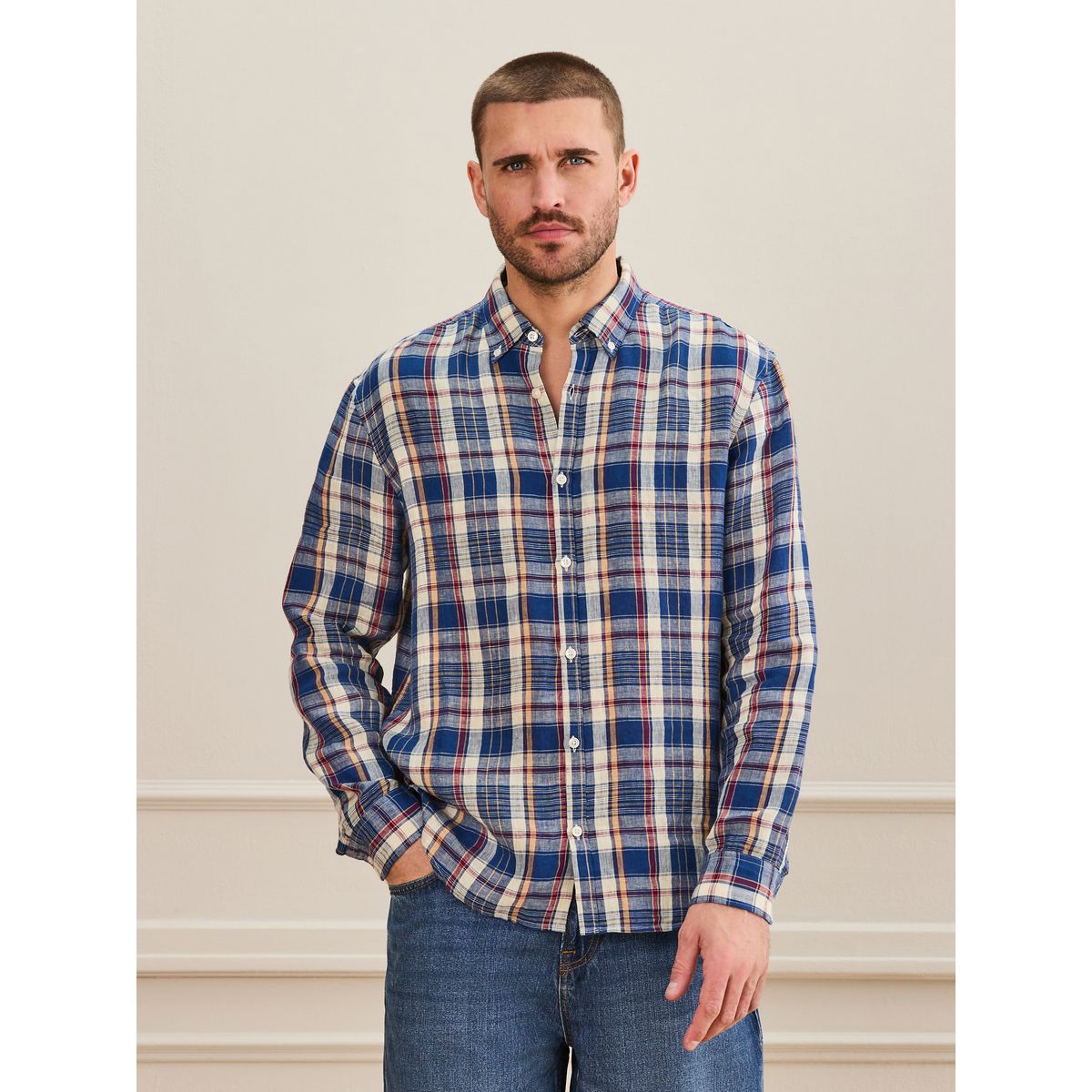 Chemise manches longues lin à carreaux rouge, NEXT