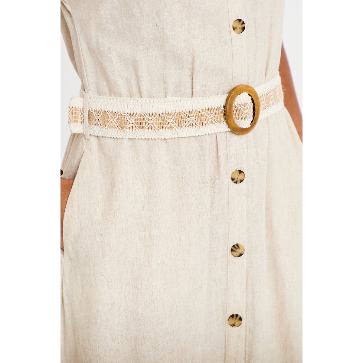 Robe évasée 3/4 col chemise ceinture beige, CACHE CACHE