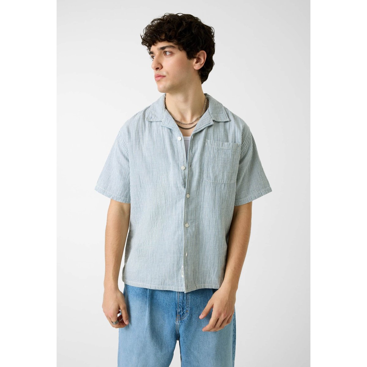 Chemise Rayée En Mélange De Lin bleu clair, GUESS JEANS
