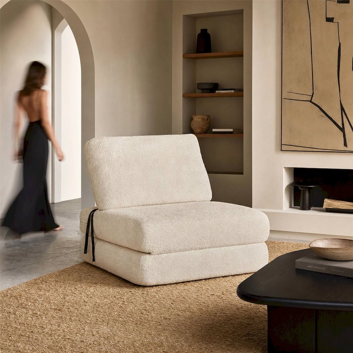 Fauteuil convertible compact bouclé MODERN blanc, RECOLLECTION