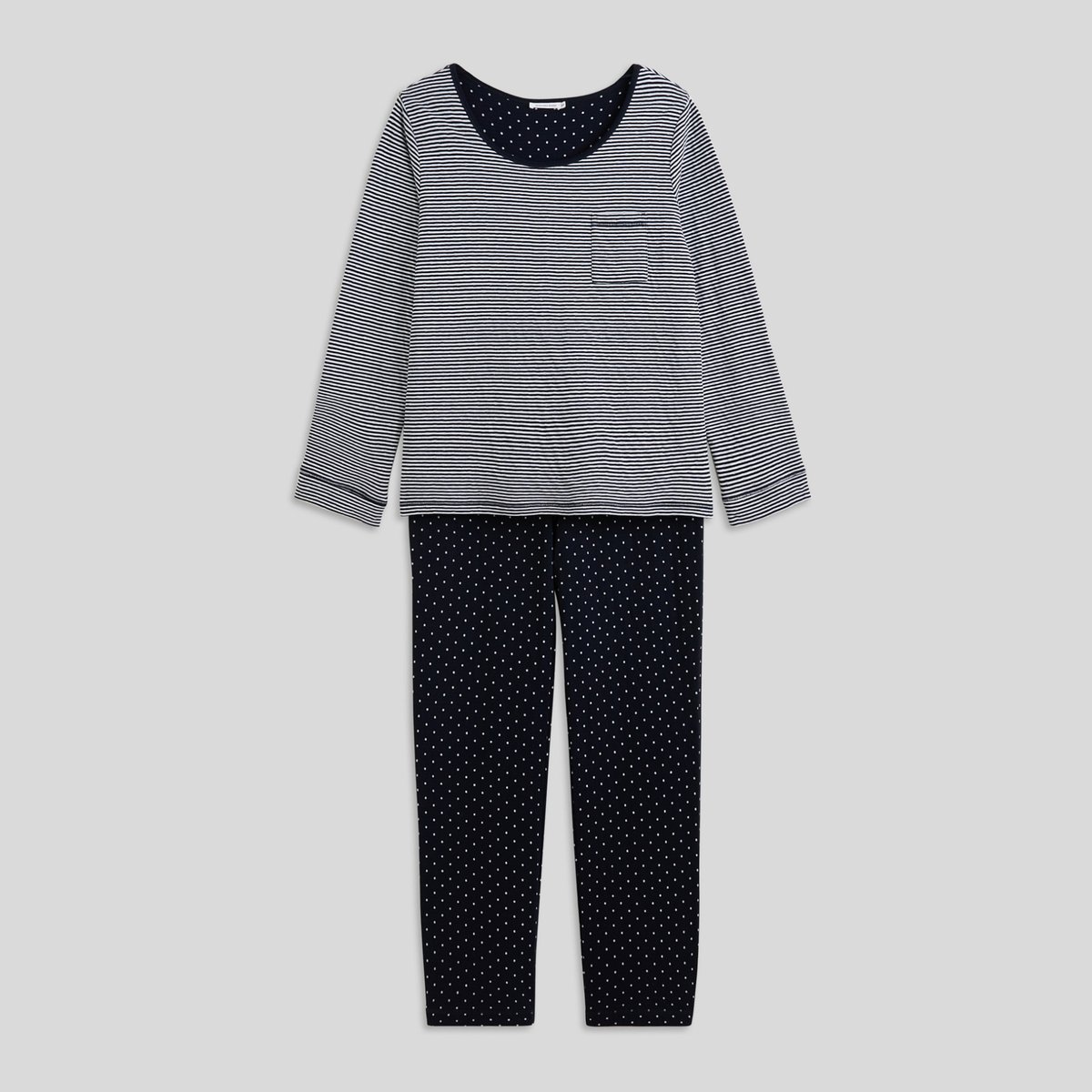 Pyjama long à rayures et pois en coton BIO marine, MONOPRIX