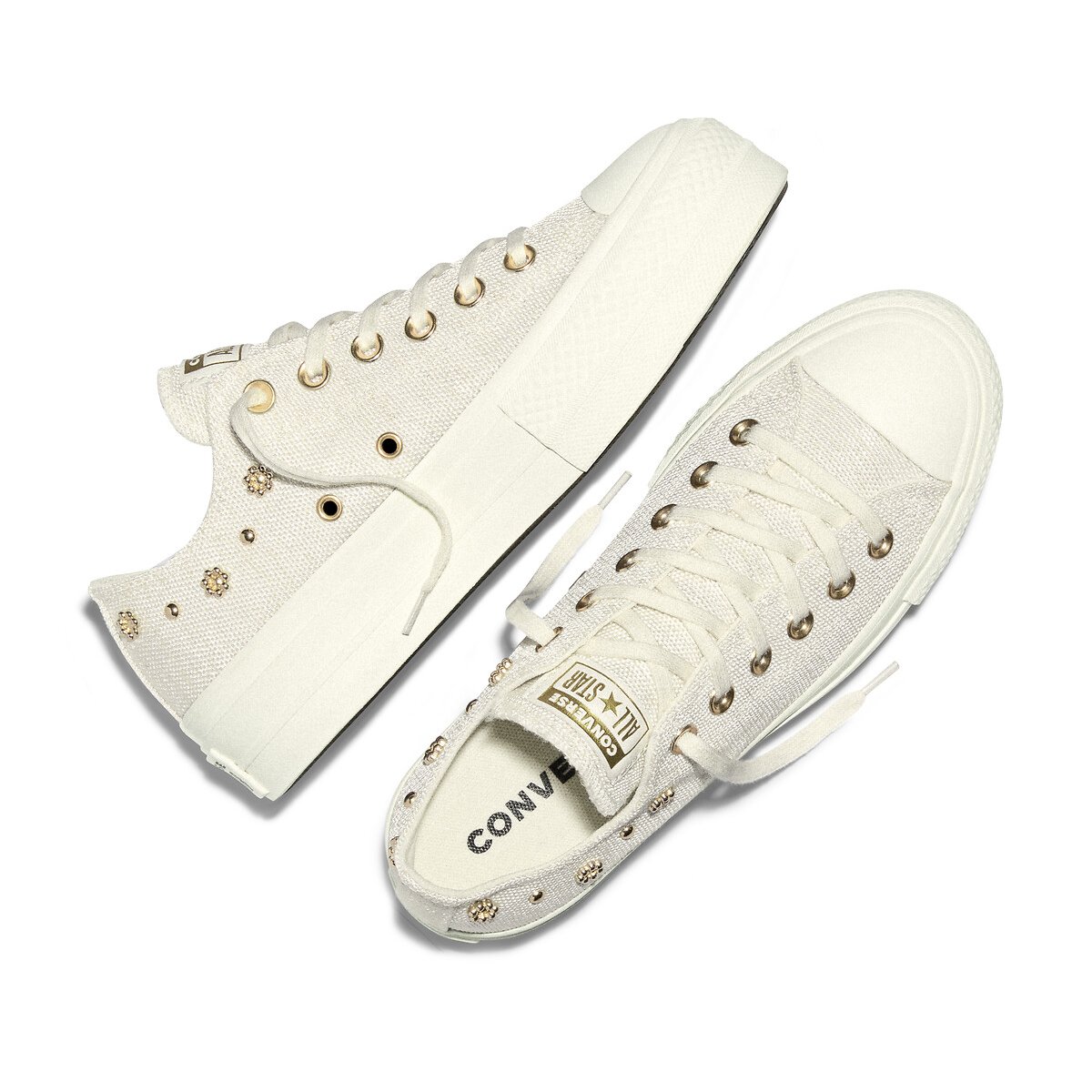 Sneakers CHUCK TAYLOR ALL STAR LIFT OX SHINY HEATHERED CANVAS STUDS ecru/goldfarben, CONVERSE