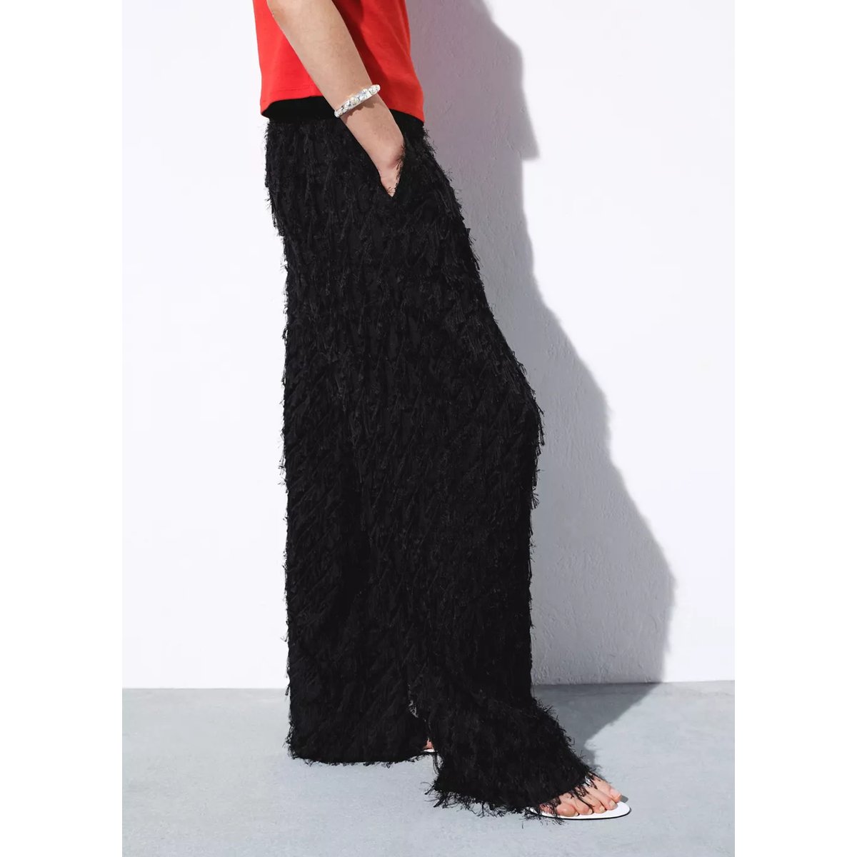 Pantalon droit à texture fils noir, MANGO