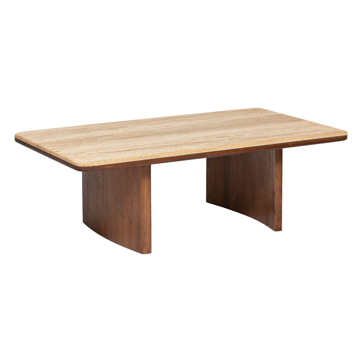 Table basse bois d'acacia massif plateau travertin JIVAN marron, ATMOSPHERA