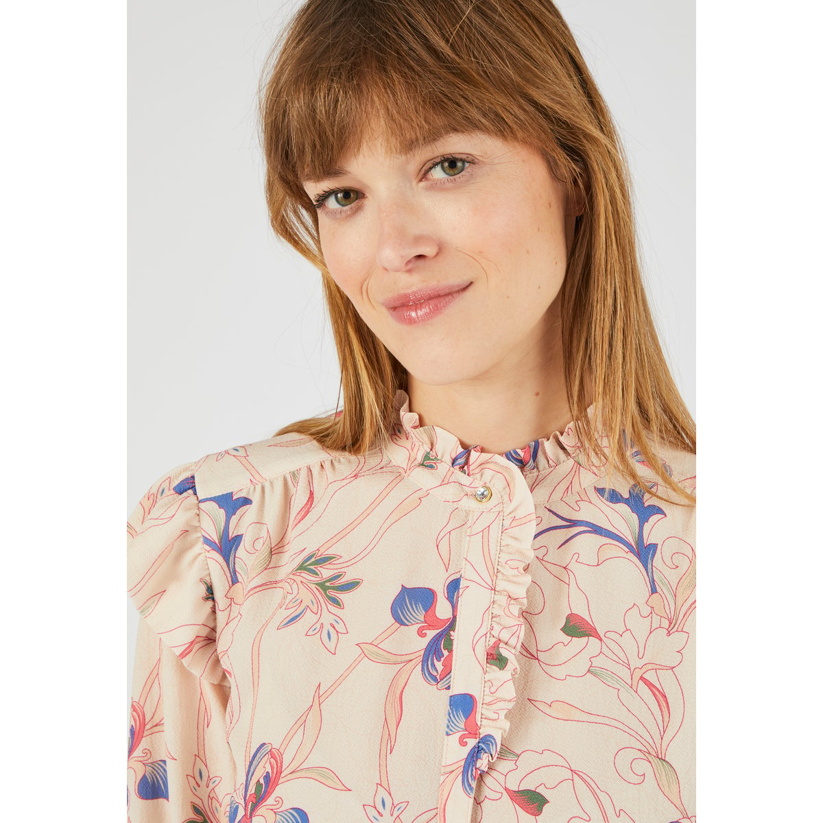 Chemisier crêpe à volants marron beige floral, DAMART