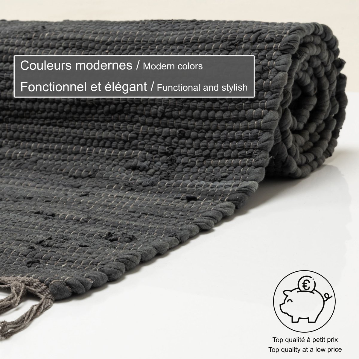 Tapis réversible coloré en coton tissé à la main - Happy Cotton anthracite, THEKO