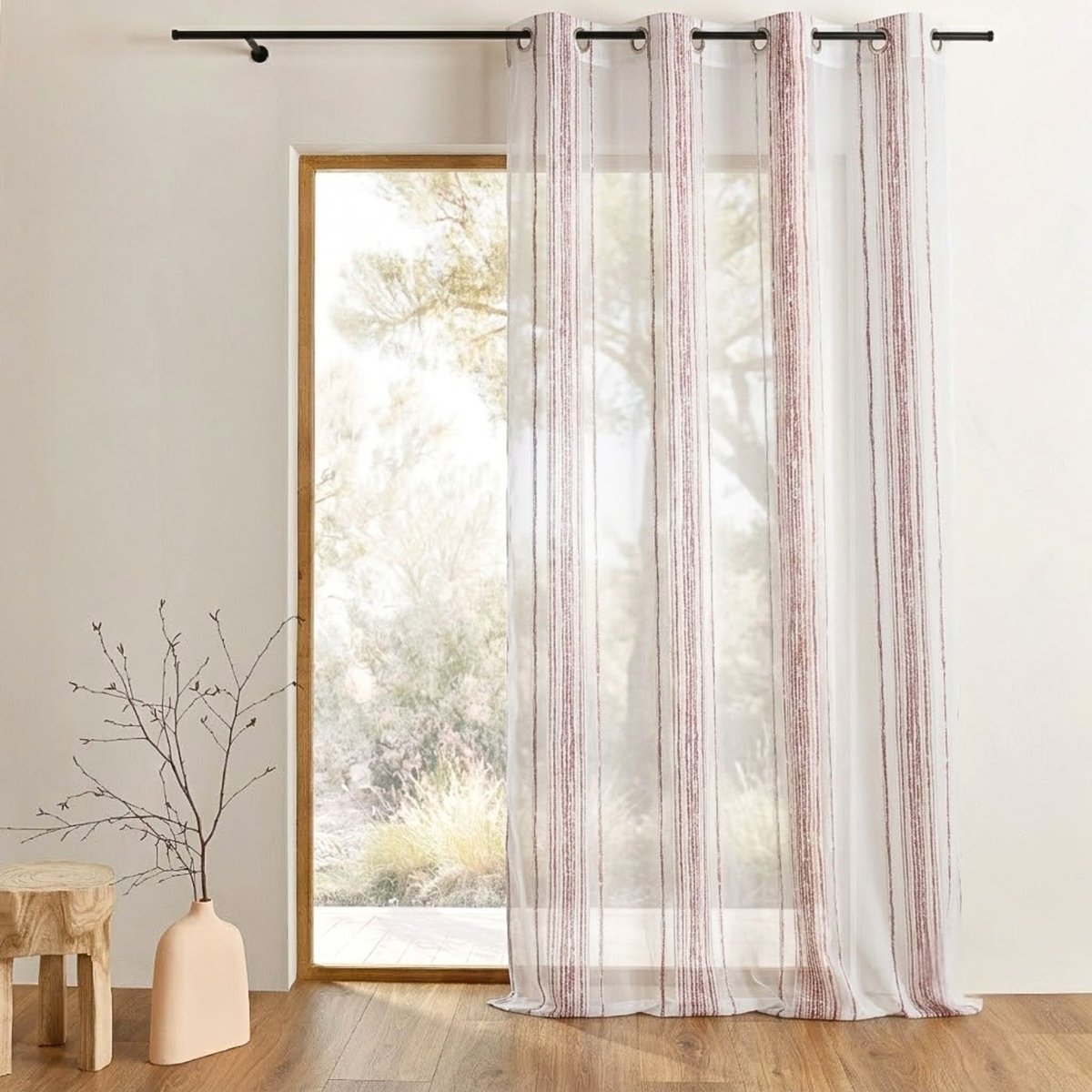 Voilage jacquard à fines rayures verticales bordeaux, HOME MAISON