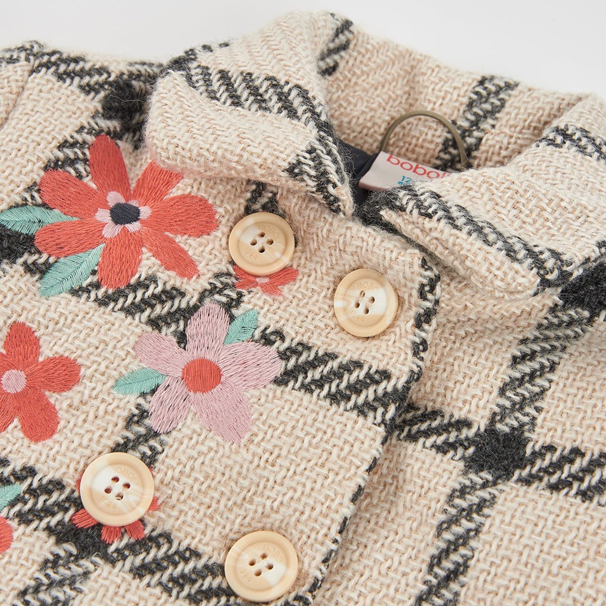 Manteau fille carreaux broderie fleurs beige, BOBOLI