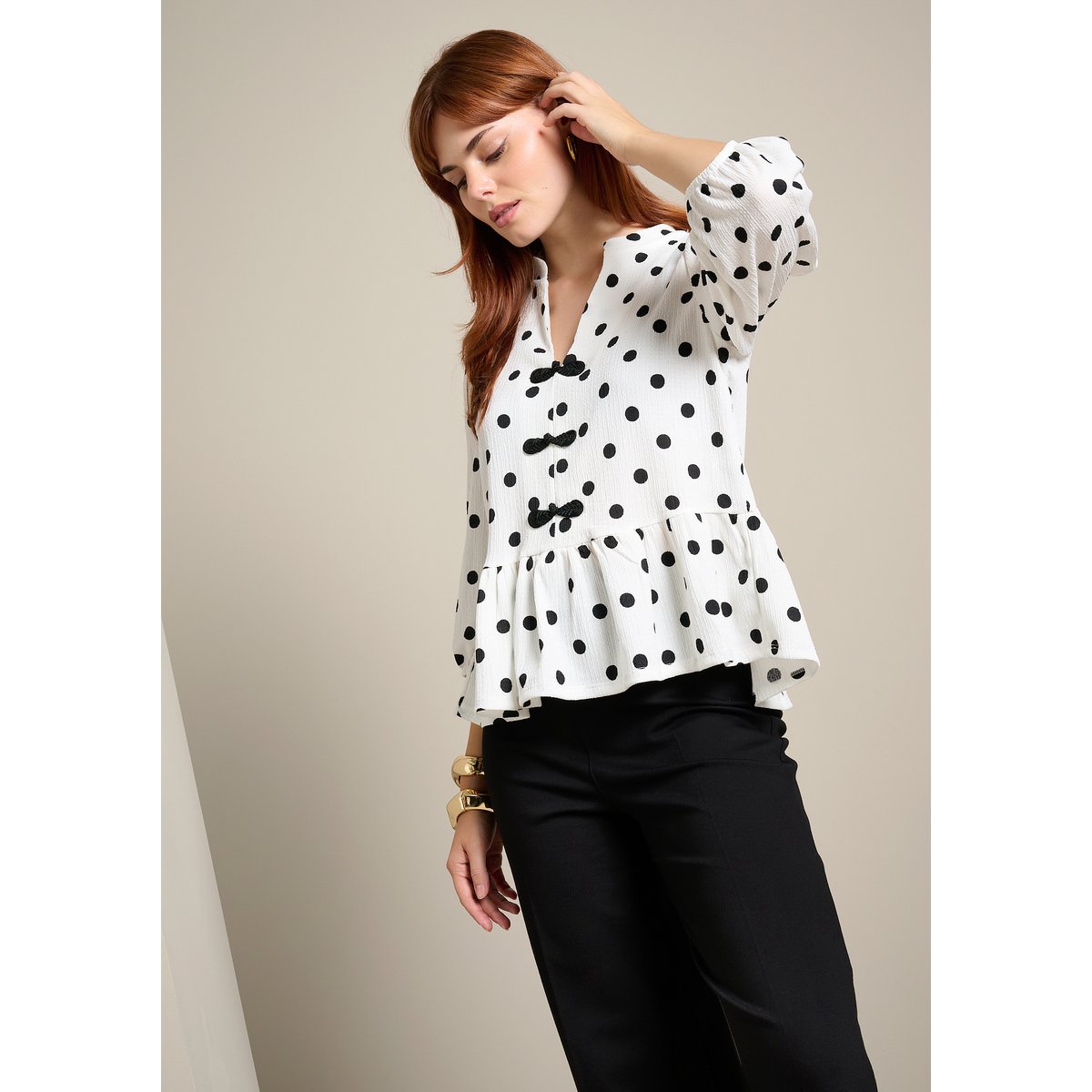 Top péplum à pois blanc casse, LOLALIZA