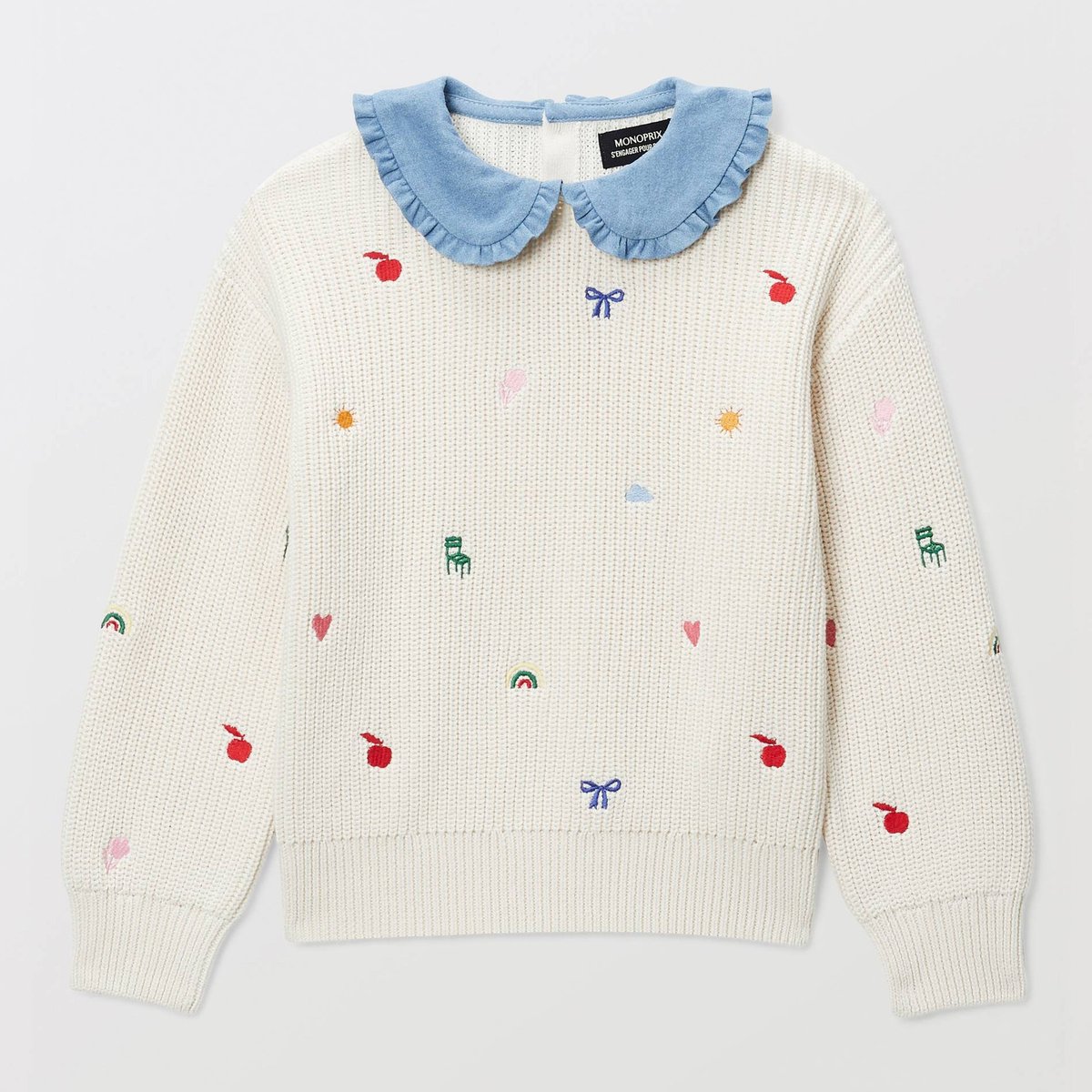 Pull brodé à col claudine naturel, MONOPRIX