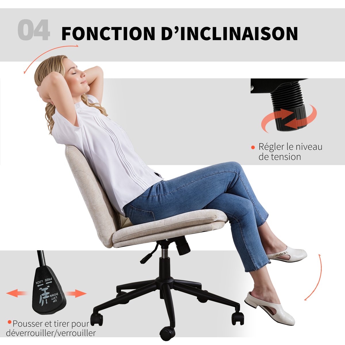 Chaise de bureau Chenille (100% polyester) beige, HOMCOM