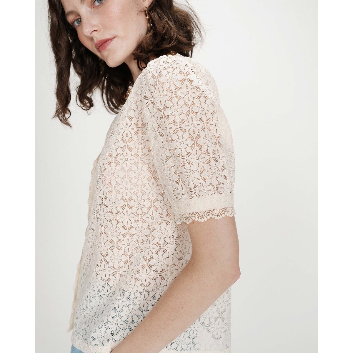 Blusa in pizzo a maniche corte VICKY ecru , GRACE & MILA